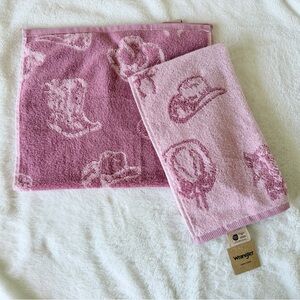 Set of 2 - Wrangler Pink Hand Towels Cowboy Like Me- Cowgirl Hat - Boots - Bows